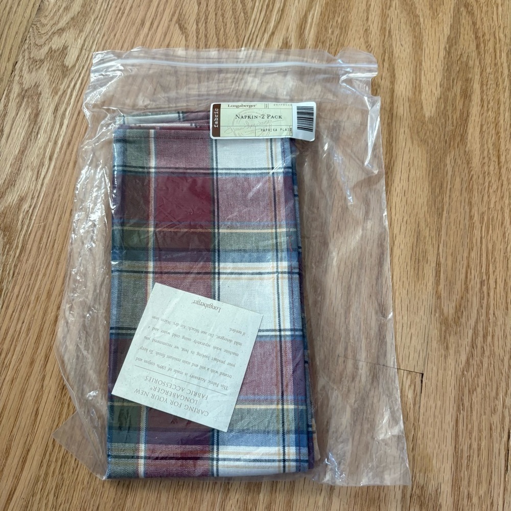 Longaberger Napkin 2-Pack Paprika Plaid NEW Vintage Red Blue Green White Basket